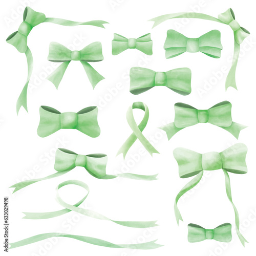 Green watercolor ribbon bow vector collection