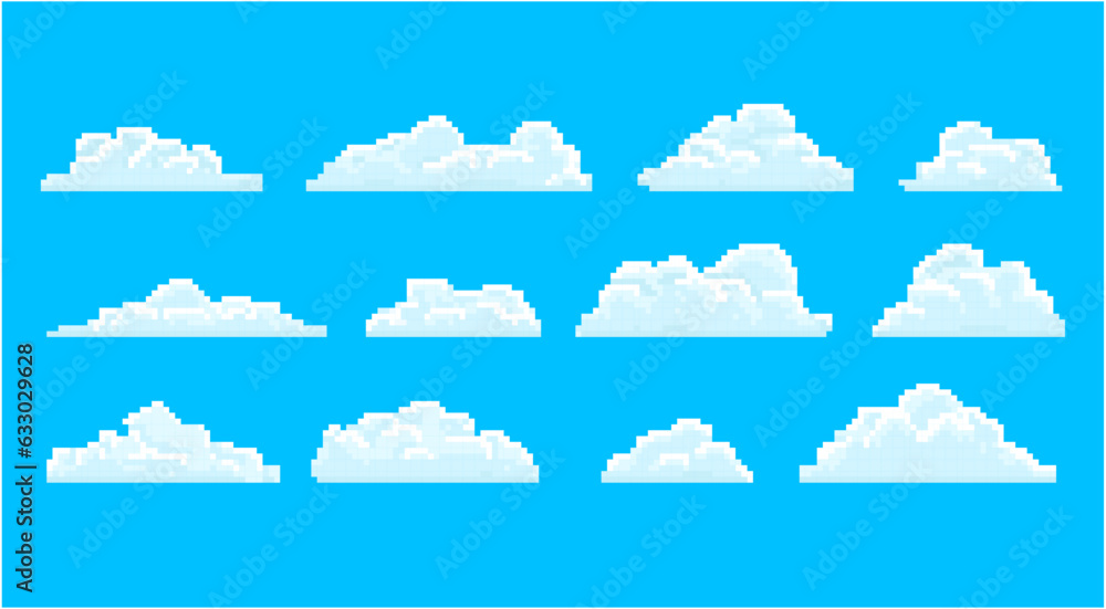 Cloud pixel. Pixel cloudscape, cloud masses at blue sky. Pixelated icons for game setting and scenery. 8 bit playing background or arcade in retro old school.