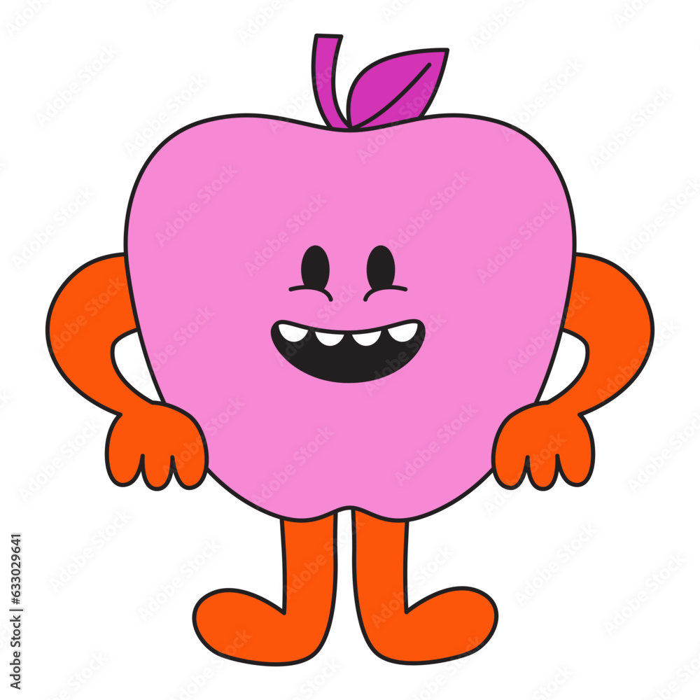 Vector in simple linear style - design templates and stickers - hippie, happy and groovy smiling character, funny fruit apple Vector in simple linear style - design templates and stickers - hippie, happy and groovy smiling character, funny fruit apple