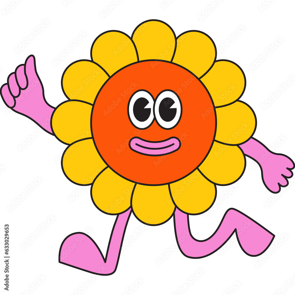 Vector in simple linear style - design templates and stickers - hippie, happy and groovy smiling character, funny sun and flower Vector in simple linear style - design templates and stickers - hippie, happy and groovy smiling character, funny sun and flower