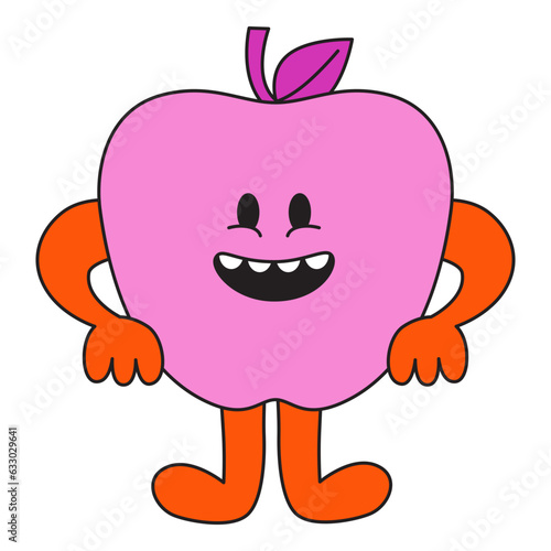 Vector  in simple linear style - design templates and stickers - hippie, happy and groovy smiling character, funny fruit apple