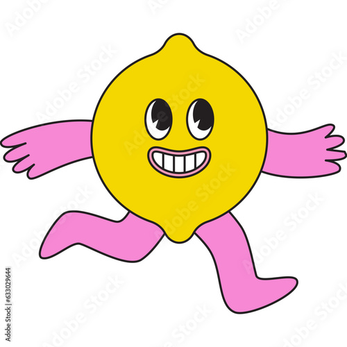 Vector illustration in simple linear style - design templates and stickers - hippie, happy and groovy smiling character, funny fruit lemon