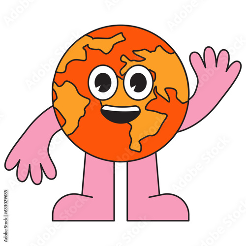 Vector  in simple linear style - design templates and stickers - hippie, happy and groovy smiling character, funny earth planet