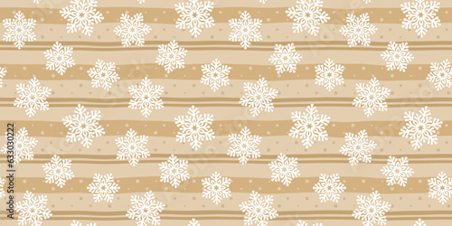 Decorative white openwork snowflakes on a beige striped background with dots. Christmas and New Year endless texture. Vector seamless pattern for festive winter design, banner, wrapping paper or print