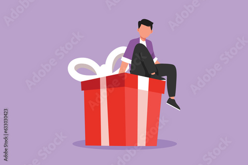 Graphic flat design drawing of young businessman sitting on big gift box. Big present from client. Man sitting on big box with present. Happy person gets a huge gift. Cartoon style vector illustration