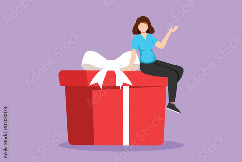 Cartoon flat style drawing businesswoman sitting on gift box. Big present concept. Female sitting on big box with present. Happy person gets huge gift from office. Graphic design vector illustration