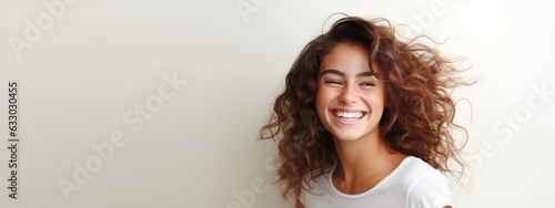 healthy beauty woman skincare teen young happiness woman smiling cheerful comb hair style bright and shine facial healthy skin studio shot on white background,ai generate
