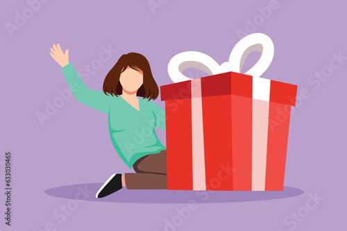 Character flat drawing loyalty program for regular clients. Businesswoman holds big gift box from office for holiday. Happy pretty girl standing next to large gift. Cartoon design vector illustration