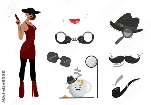 Detective set. Design of a female character with equipment. Icon set elements: lady detective, bowler hat, pipe, coffee cup, handcuffs, magnifying glass, mustache, lips, glasses. Vector illustration.