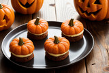 halloween pumpkin petit fours on a table, created with generative ai