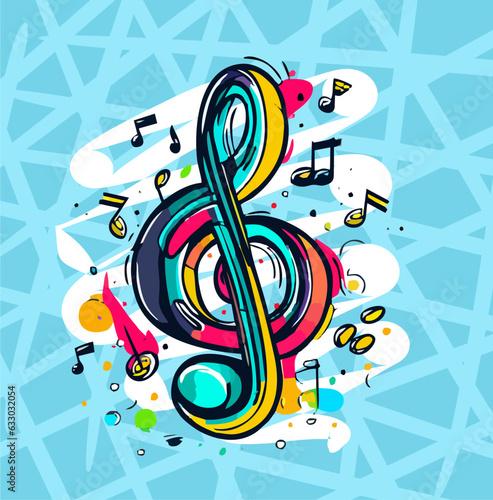 A colorful drawing of a treble clef with the word music on it