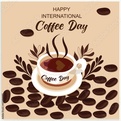 Cup of coffee with coffee beans decoration and sprinkle forming world map  banner  poster  greeting card vector