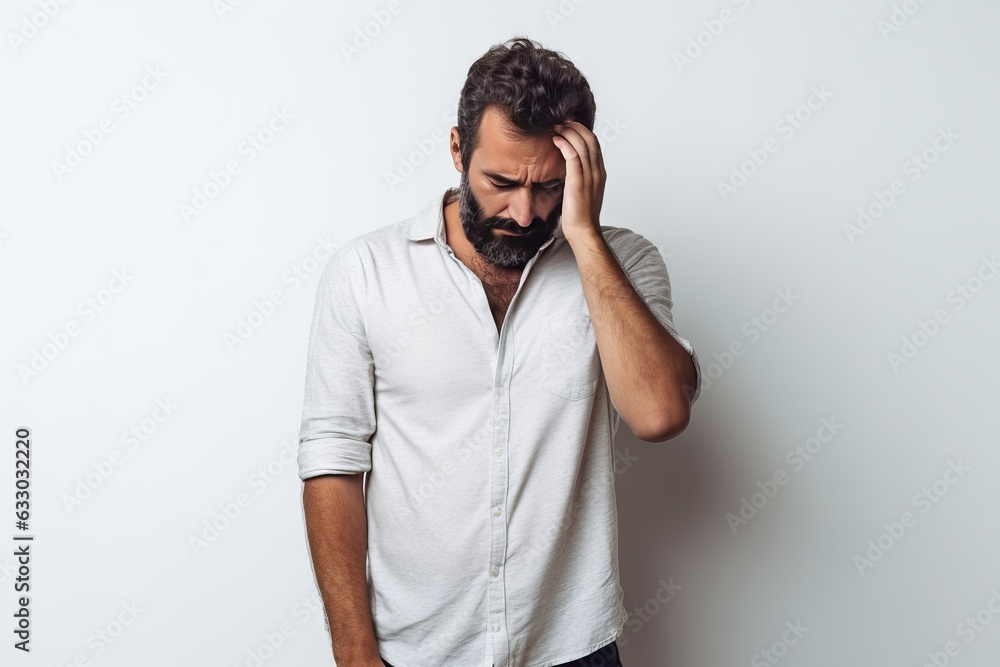 Portrait of annoyed, tired bearded Caucasian man, facepalm, feel fatigue and burnout after working late night, sighing, close eyes bothered, feel uneasy and depressed, standing white wall background Portrait of annoyed, tired bearded Caucasian man, facepalm, feel fatigue and burnout after working late night, sighing, close eyes bothered, feel uneasy and depressed, standing white wall background