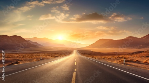 Landscape with country road, empty asphalt road on sunset background. Multicolor vibrant outdoors horizontal image, Generative AI illustration © AITTHIPHONG