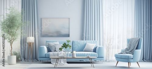 Livingroom with windows with curtains  calm design of interior  light colors  blues and white  minimalizm 3D render.