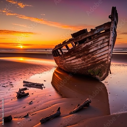 An old boat stranded on a beach at sunset ,Generative AI