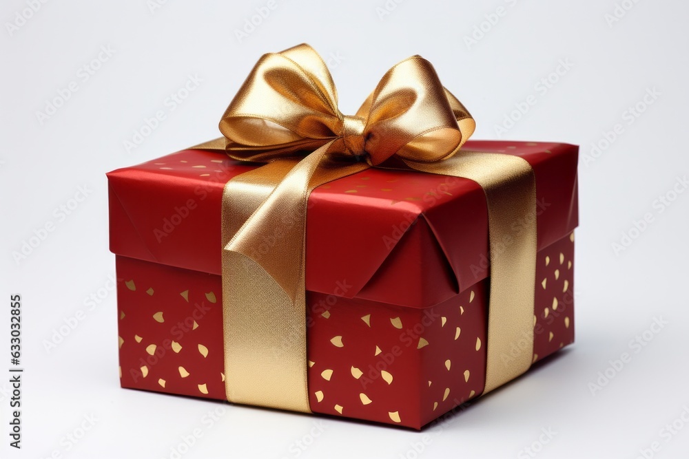 Photo of a beautifully wrapped red gift box with a shiny gold bow created with Generative AI technology Photo of a beautifully wrapped red gift box with a shiny gold bow created with Generative AI technology