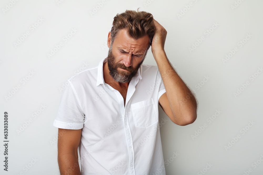 Portrait of annoyed, tired bearded Caucasian man, facepalm, feel fatigue and burnout after working late night, sighing, close eyes bothered, feel uneasy and depressed, standing white wall background Portrait of annoyed, tired bearded Caucasian man, facepalm, feel fatigue and burnout after working late night, sighing, close eyes bothered, feel uneasy and depressed, standing white wall background