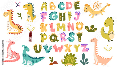Dino collection with alphabet. Various dinosaur characters. Funny comic font in simple hand drawn cartoon style. Vector illustrations for kids. © PawLoveArt