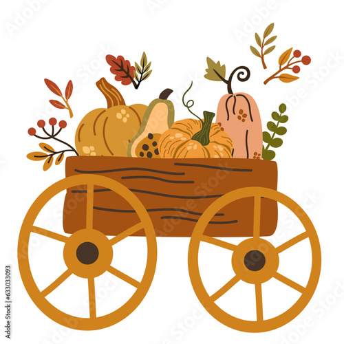 Cart with autumn harvest. Wooden farm cart with leaves and pumpkins. Composition for a poster or postcard. Harvest Festival. Fresh Organic Products from Local Farmers Market. Vector Illustration