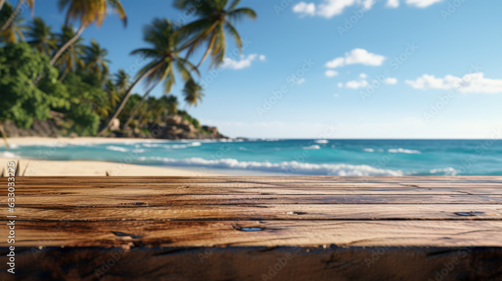 Fototapeta premium Wooden podium with copy space for product display presentation on palm beach and blue sky background. Tropical summer and vacation concept. Graphic art design.