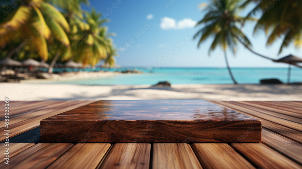 Wooden podium with copy space for product display presentation on palm beach and blue sky background. Tropical summer and vacation concept. Graphic art design.