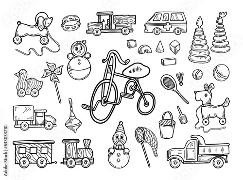 Set children toys sketch. Preschool games. Hand drawn doodle illustration.