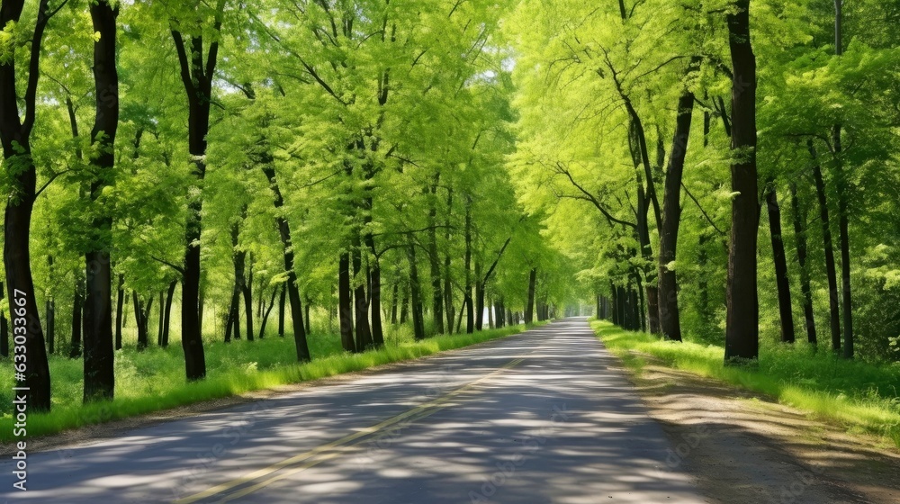 Path way through the autumnal forest natural way, road to the tropical forest field, relaxing with ecological environment, freedom lifestyle concept, Generative AI illustration