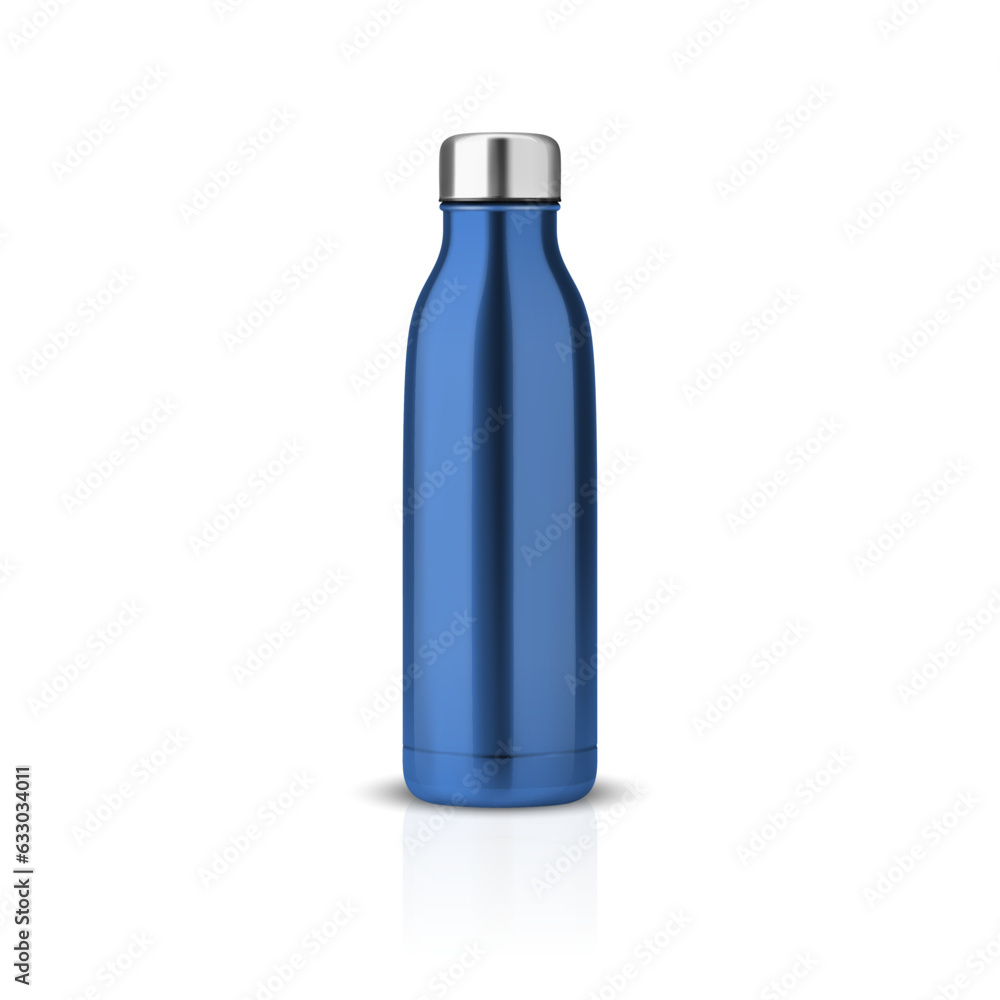 Vector Realistic 3d Blue Empty Glossy Metal Reusable Water Bottle with Silver Bung Closeup Isolated. Design template of Packaging Mockup with Reflection. Front View Vector Realistic 3d Blue Empty Glossy Metal Reusable Water Bottle with Silver Bung Closeup Isolated. Design template of Packaging Mockup with Reflection. Front View