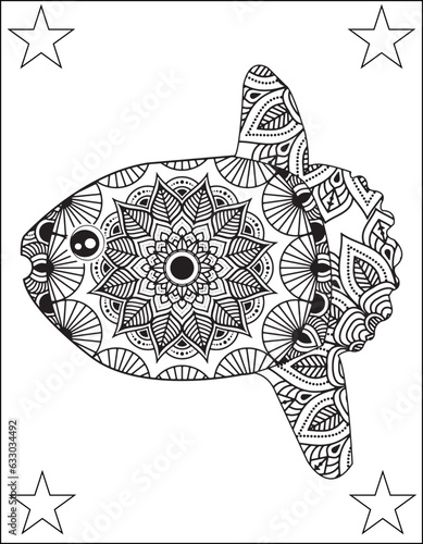 Ocean Animals Mandala Coloring Pages. Adult antistress coloring page. Black white hand drawn vector doodle of an oceanic animal for coloring book. Fish Mandala. Ocean animals Zentangle Vector. 