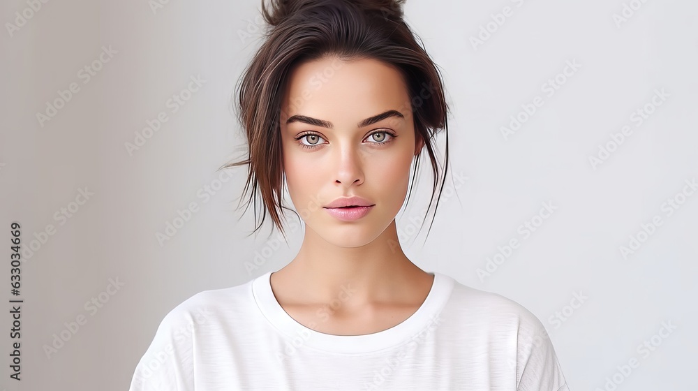 Portrait of beautiful serious brunette woman focused at camera has dark hair combed in bun dressed in casual t shirt isolated over white background. Confident Indian female model with calm expression Portrait of beautiful serious brunette woman focused at camera has dark hair combed in bun dressed in casual t shirt isolated over white background. Confident Indian female model with calm expression