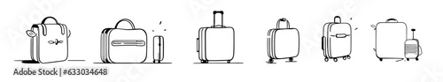 Continuous line luggage collection. Collection of travel bags. A set of suitcases and bags. Black and white vector illustration.