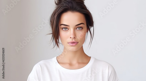 Portrait of beautiful serious brunette woman focused at camera has dark hair combed in bun dressed in casual t shirt isolated over white background. Confident Indian female model with calm expression