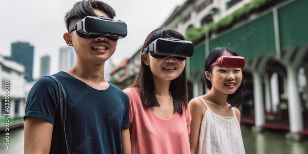 Asian friends spending outdoor time with virtual reality - Generative AI Asian friends spending outdoor time with virtual reality - Generative AI