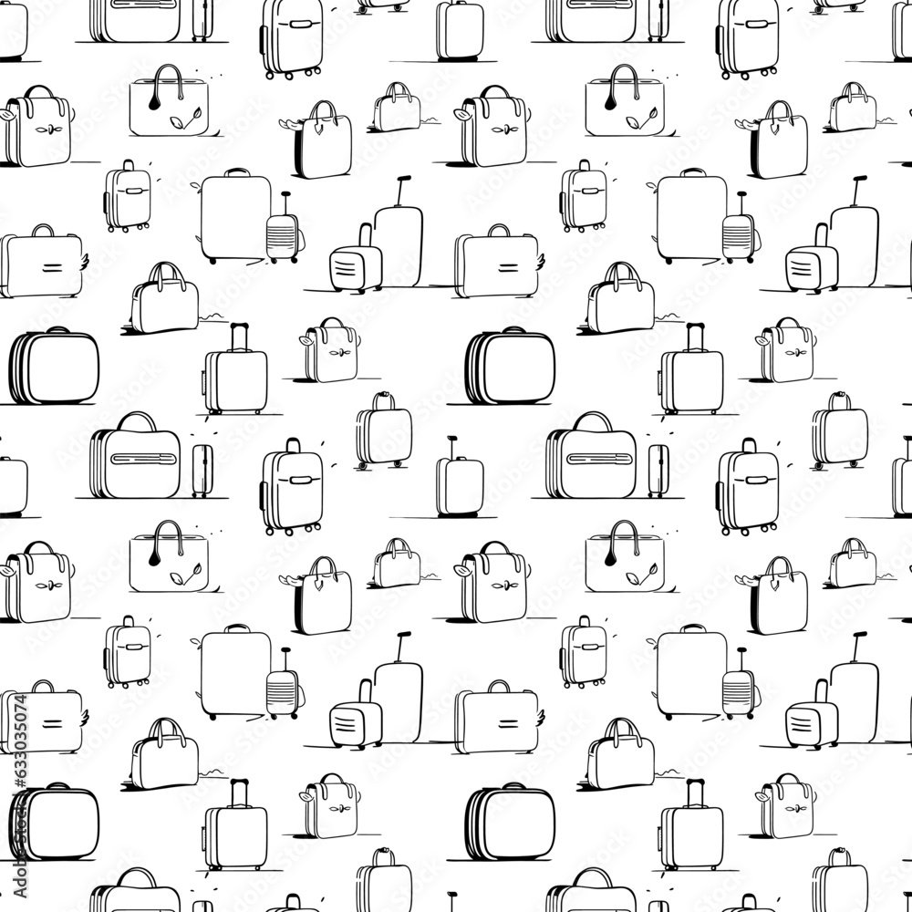 Obraz premium Black and white background with suitcases in continuous line drawing style. Luggage collection seamless pattern. Vector illustration.