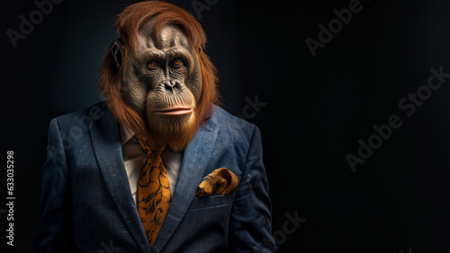 Orang-Utans als Gesch  ftsmann im Anzug mit Krawatte im dunklen Licht  ai generativ