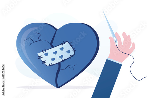 Psychologist hand uses needle for sew up torn heart. Help in rebuilding relationships. Broken and cracked heart with sewn patch, settlement of family conflict. Couple reconciles,