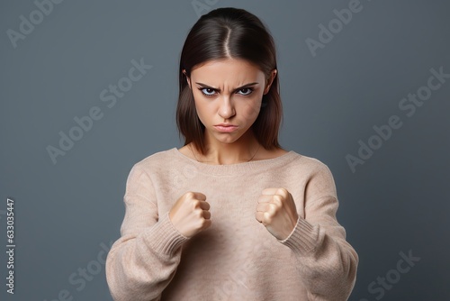 Portrait of angry dissatisfied European young female frowning her face, holding fists in front of her, ready to fight or defend herself. aggressive, emotional female, feeling insulted photo