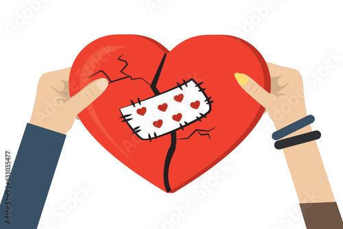 Female and male hands hold red broken heart with sewn patch. Restoration of relations, settlement of family conflict. Reconciliation concept. Cupid couple reconciles, restore love. photo