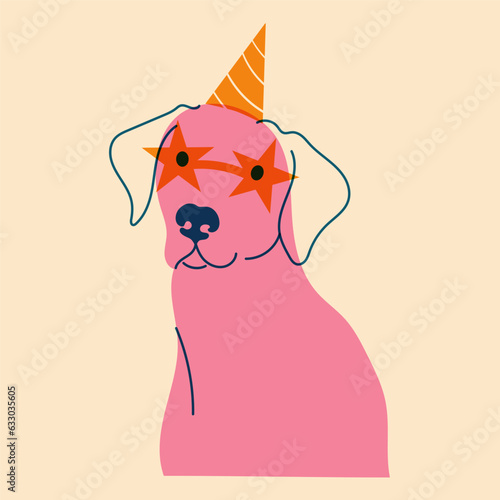 Dog in a birthday hat. Avatar, badge, poster, logo templates, print. Vector illustration in a minimalist style with Riso print effect. Flat cartoon style