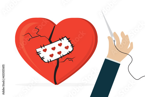 Psychologist hand uses needle and thread for sew up torn heart. Help in rebuilding relationships. Red broken heart with sewn patch, settlement of family conflict. Couple reconciles