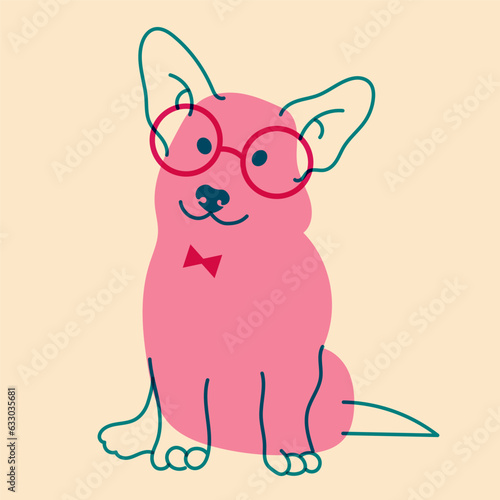 Dog, puppy in glasses. Avatar, badge, poster, logo templates, print. Vector illustration in a minimalist style  with Riso print effect. Flat cartoon style