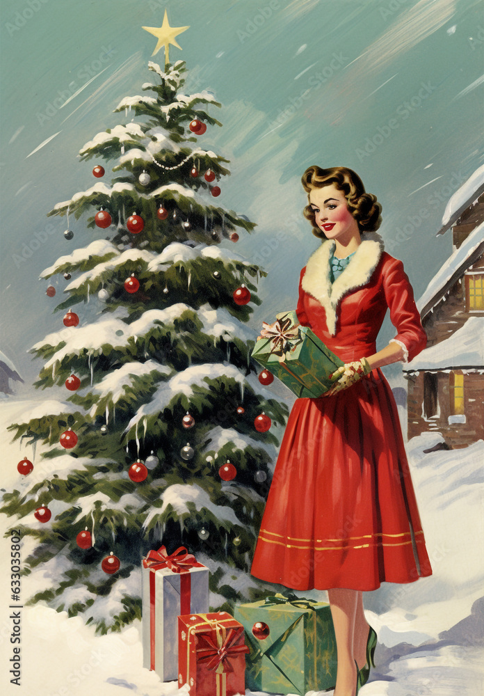 Retro Christmas Card illustration, '50s Christmas party, Red dress, Scrapbook, Junk Journal, Paper Crafts, Vintage Retro Christmas Card '60s