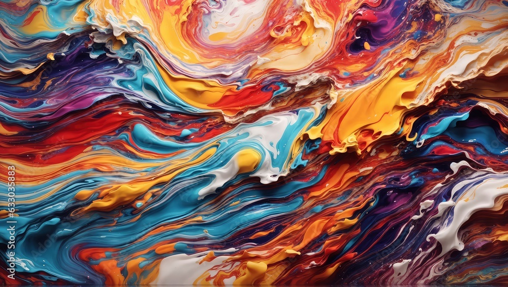 Panoramic 4K bursts with life abstract liquid paint waves, a colorful masterpiece.