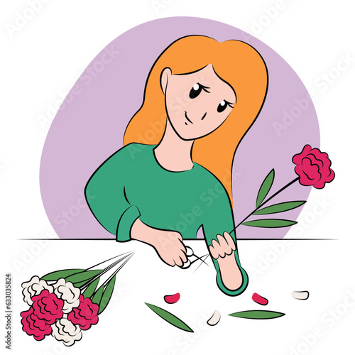A florist girl processes peonies flowers with scissors to make a bouquet