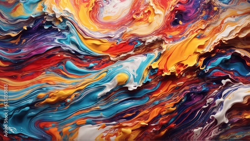 Panoramic 4K bursts with life abstract liquid paint waves, a colorful masterpiece.