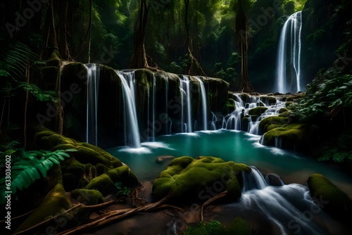 Waterfall in the woods  beautiful background beautiful  nature - Generative AI