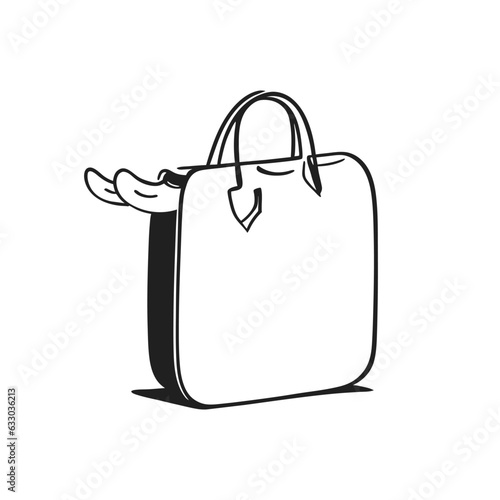 Sketch of a women's bag. Stylish bag. Travel women's bag. Luggage valise with wheels and retractable handle black line sketch on white background.
