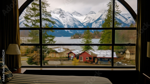 view of the mountains and lake from the window created with Generative AI technology