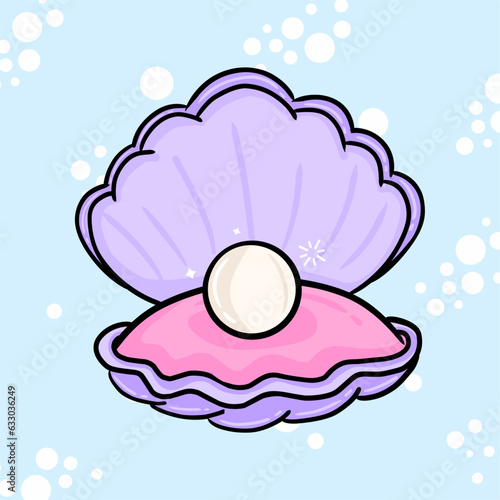 Open clam with pearl. Exotic shell with precious gem. Ocean souvenir, scallop shell, oyster. Precious pearl. Seabed.